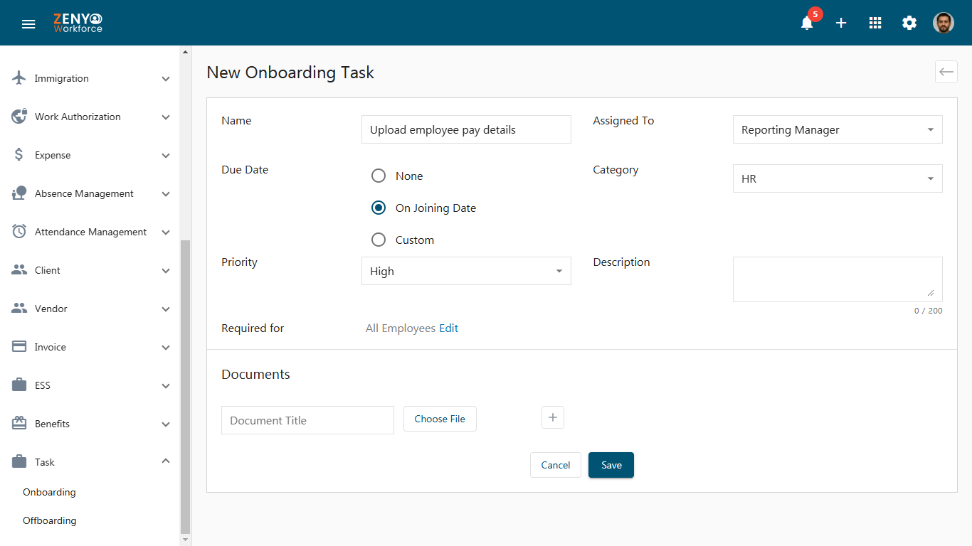 create onbording task