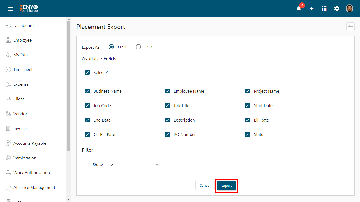 Export Placement