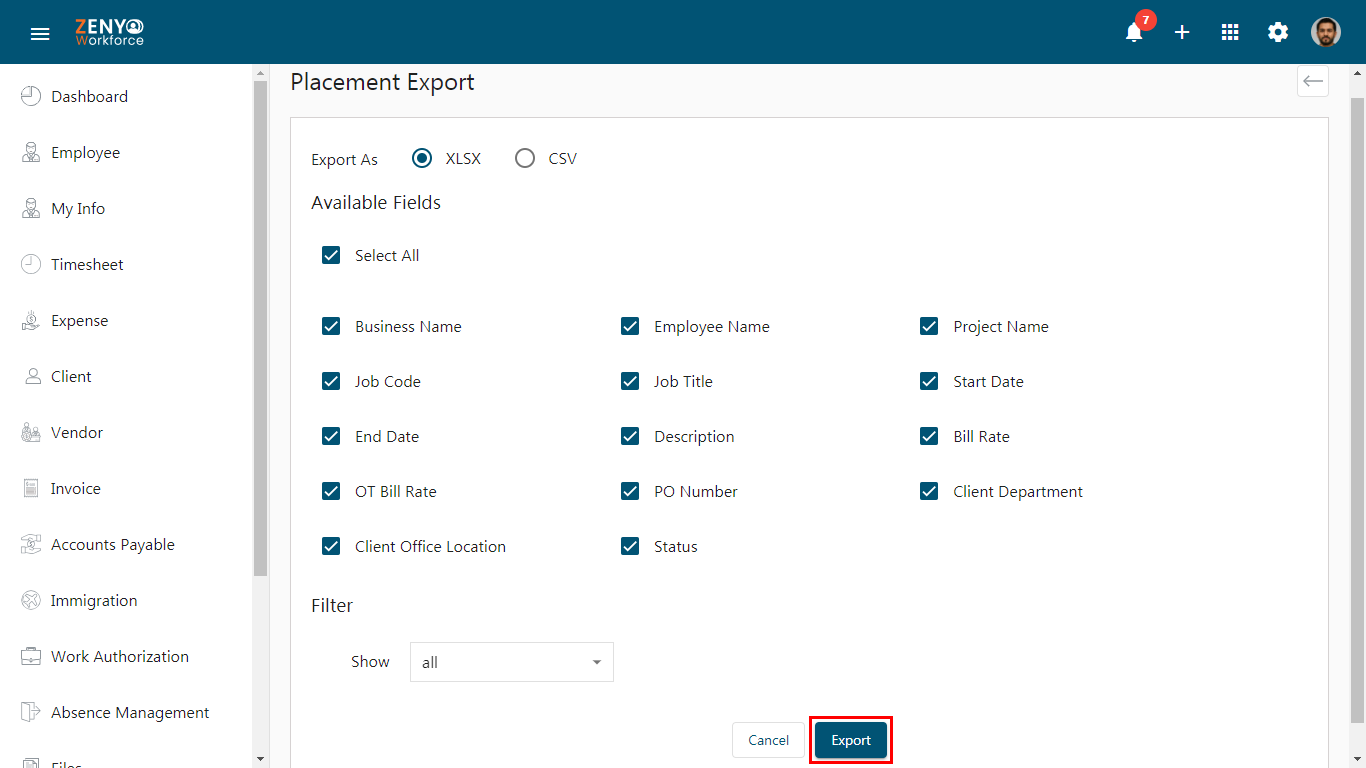Placement Export